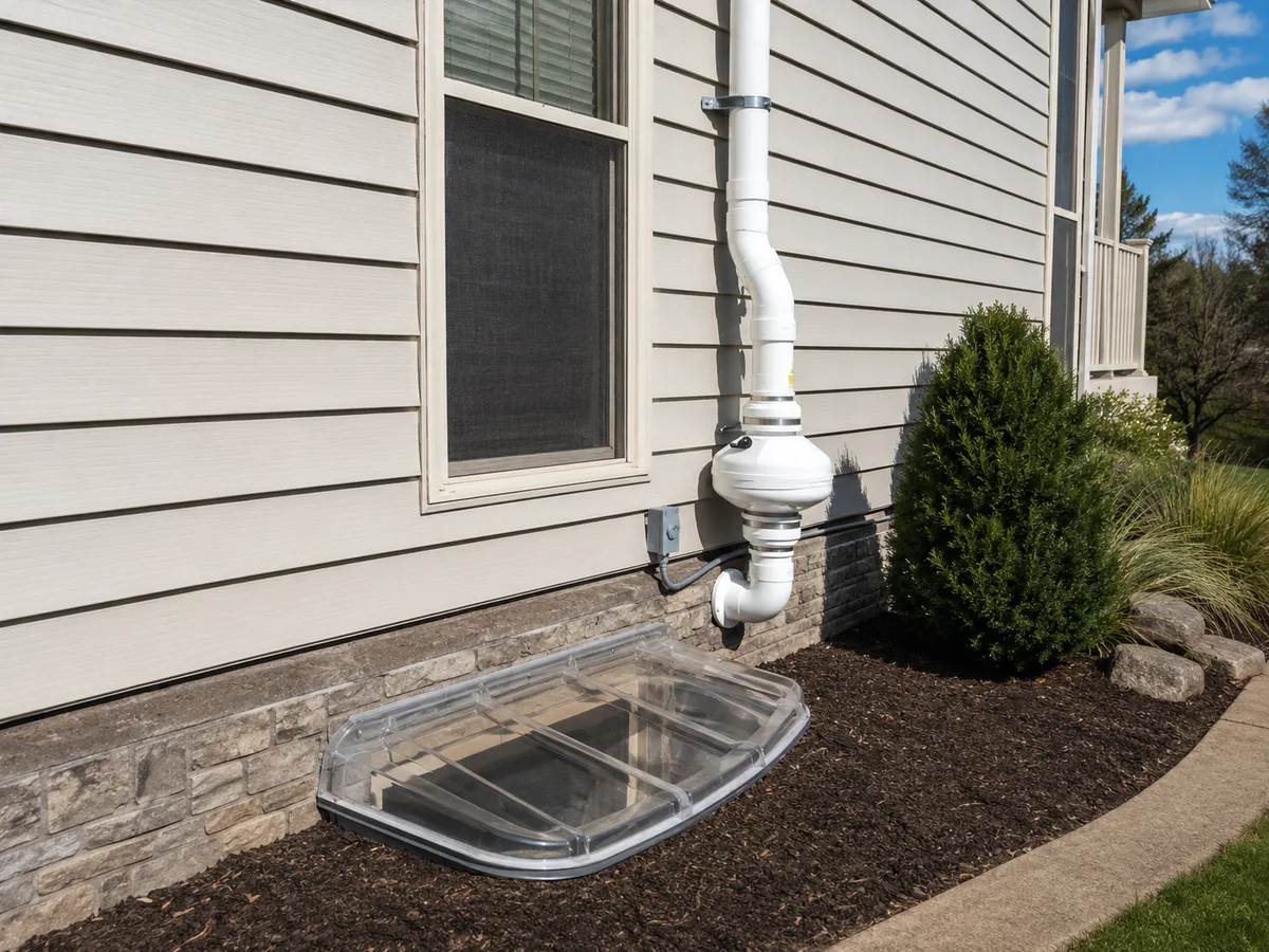 Completed exterior radon mitigation system with fan and vent pipe on a Central PA home