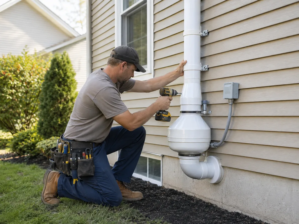 Certified radon mitigator securing vent pipe to home exterior in Central Pennsylvania